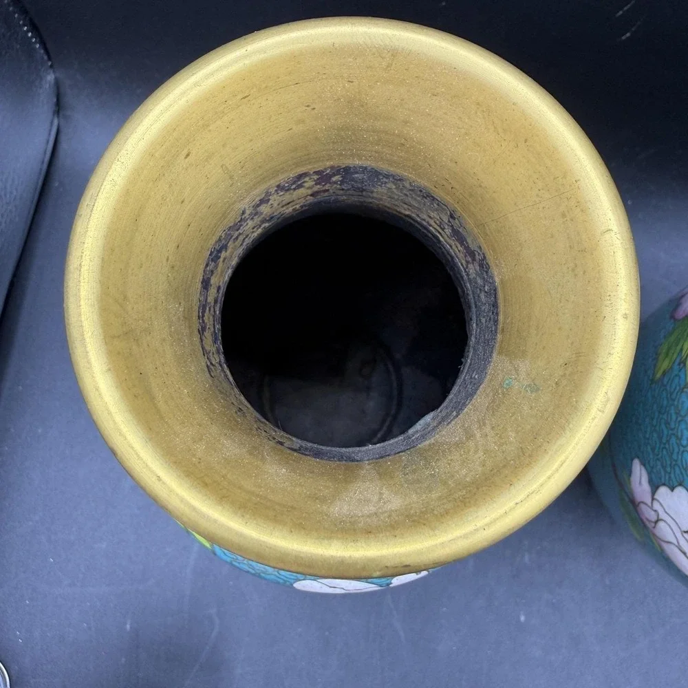 Vintage Chinese Teal Blue Cloisonne Enamel Brass Table Vases Pair Floral Birds - Picture 6 of 11